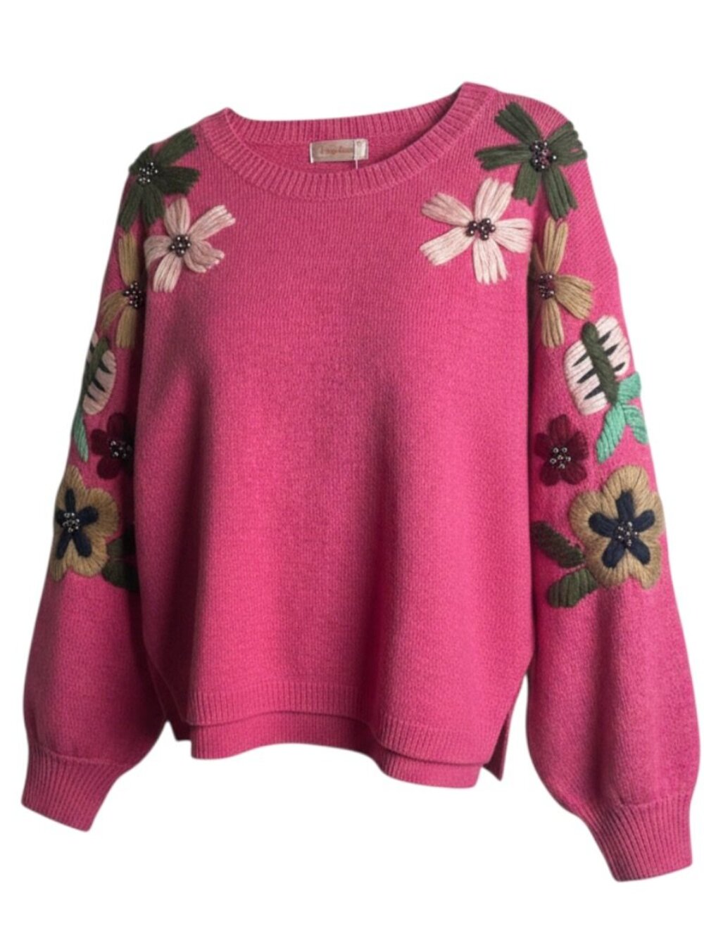 Simply Couture Size L Yarn Embroidered Floral Hot Pink Sweater Beaded Boho Soft